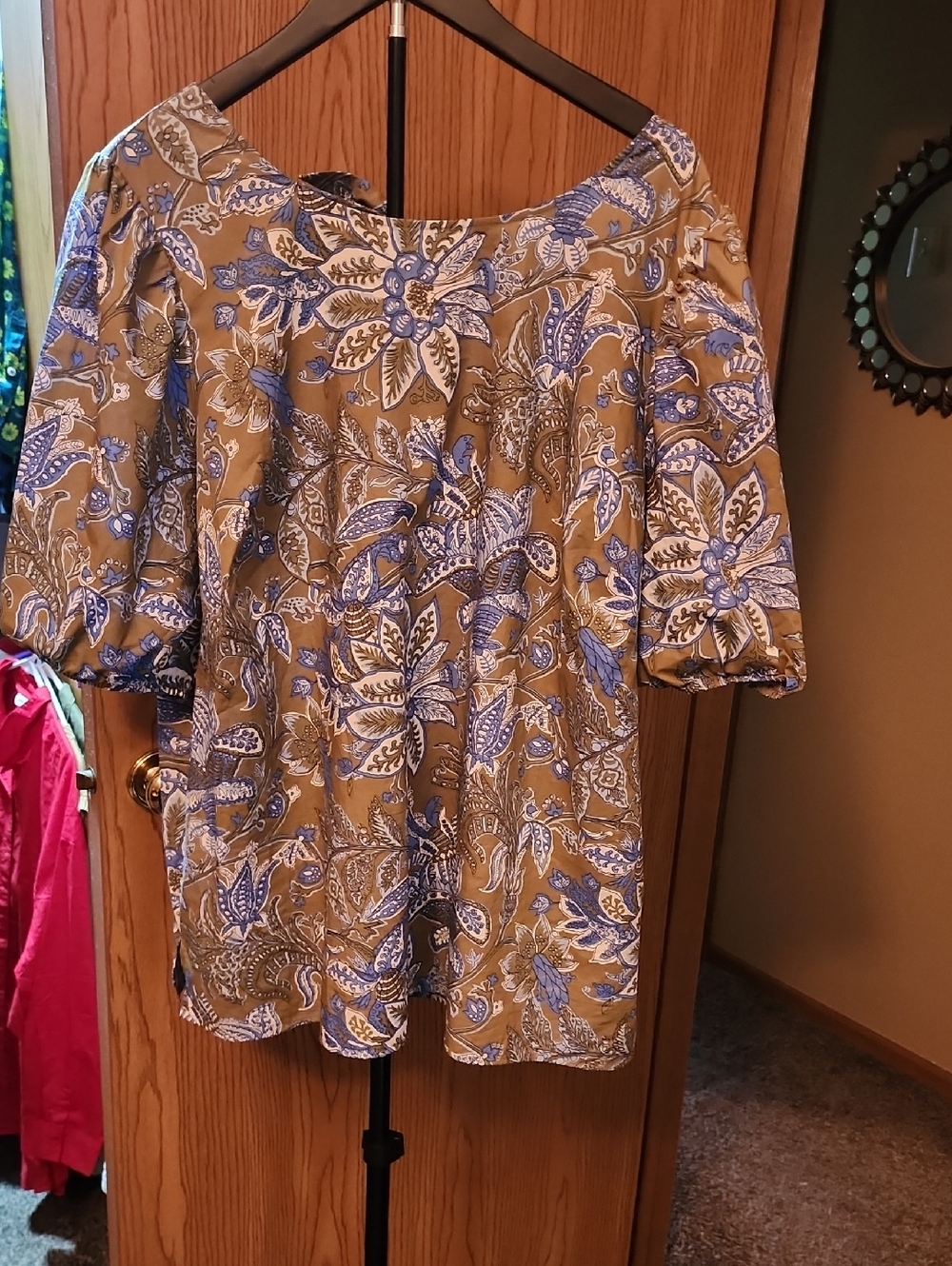Talbots Olive Floral Boatneck Top with Blue Accents